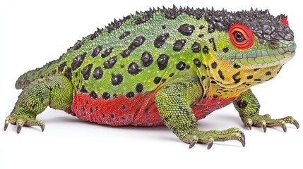 Fototapeta premium Colorful toy toad figurine with green bumpy skin and red belly isolated on white background.