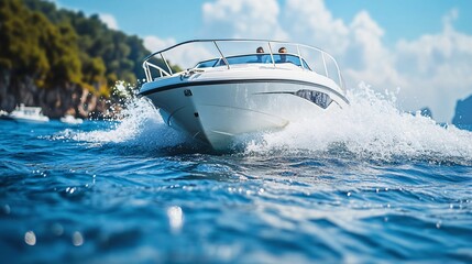 Luxury motorboat sailing fast on blue water with coastline in background