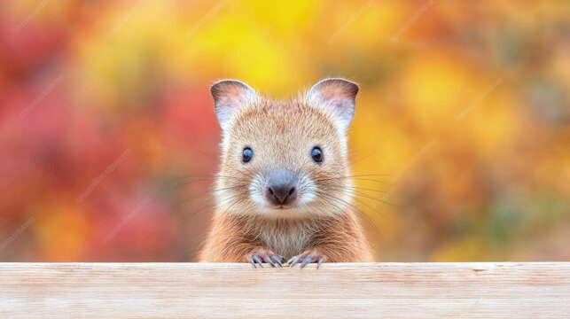Adorable rat-kangaroo peeking over wood with autumn background.