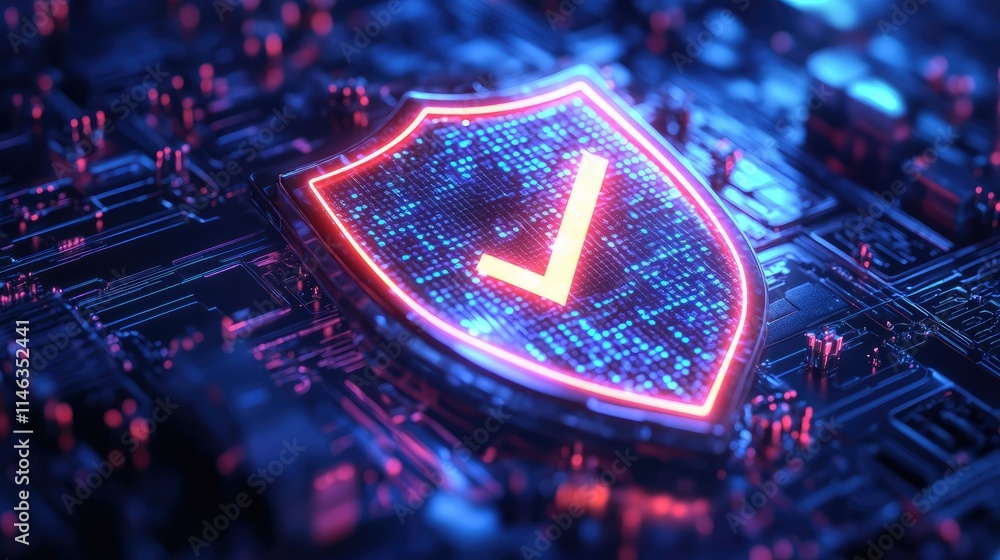 Poster colorful futuristic digital shield with checkmark icon illuminated in neon lights against a dark cir