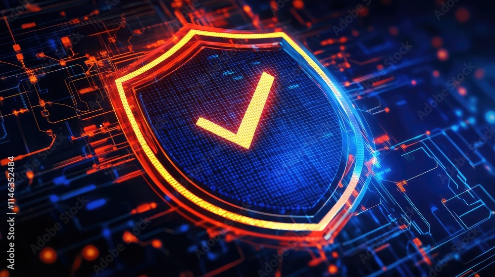 Poster digital shield with checkmark symbol representing cybersecurity and data protection in a futuristic 