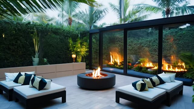 This video zooms in on a modern outdoor lounge with a central fire pit, set in a tropical garden
