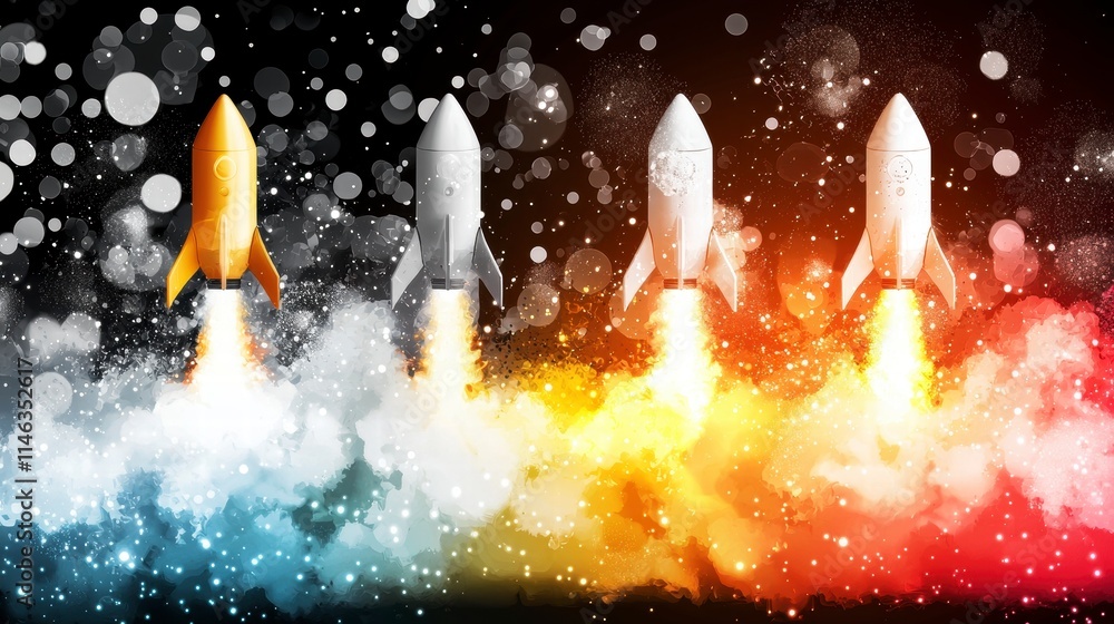 Poster rocket launch event space digital art cosmic environment dynamic viewpoint innovation and exploratio