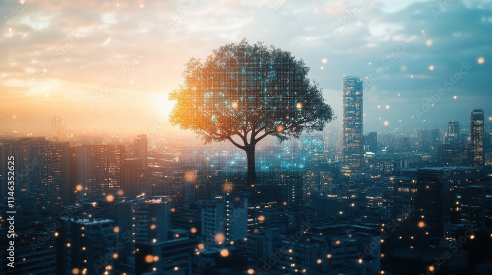 Poster global technology concept with digital node tree screen and megapolis city with skyscrapers. double 