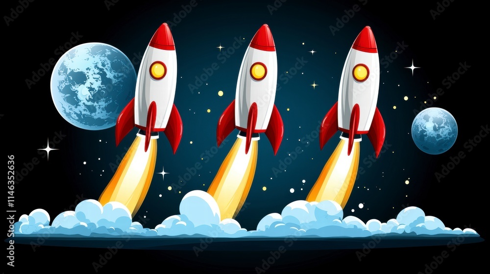 Poster rocket launch event outer space digital art cosmic environment dynamic viewpoint exploration concept