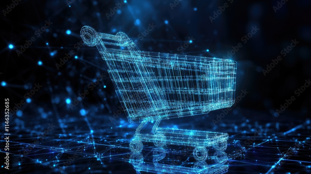 Poster digital shopping cart concept with futuristic lines and particles representing online retail and e-c