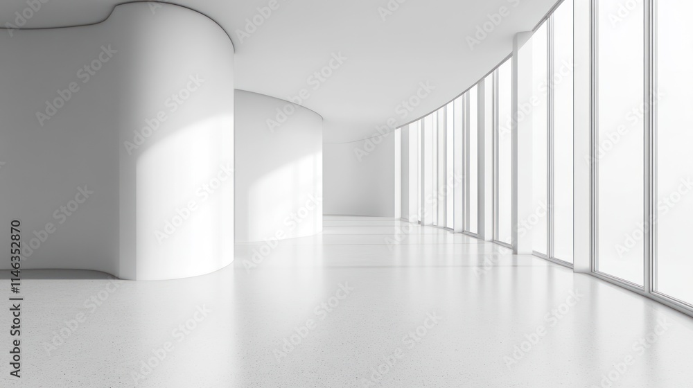 Poster A minimalist interior space with curved walls and large windows, emphasizing light and simplicity.
