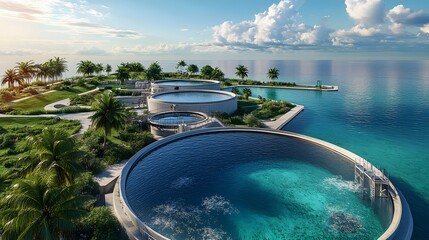 An aerial view of a modern water treatment facility showcases circular purification tanks, coastal industrial architecture, tropical palm trees, and turquoise ocean, all under a sunny, cloud-dotted sk