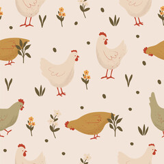 Cute Chickens Seamless Pattern with Floral on a Light Background. Farm Animals Pattern. Hand Drawn Vector Illustration.