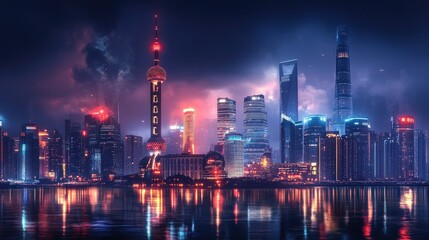 Fototapeta premium Vibrant Night Skyline of Shanghai Illuminated by Bright Lights with Reflections on Water Surface, Featuring Iconic Architecture and Modern Skyscrapers