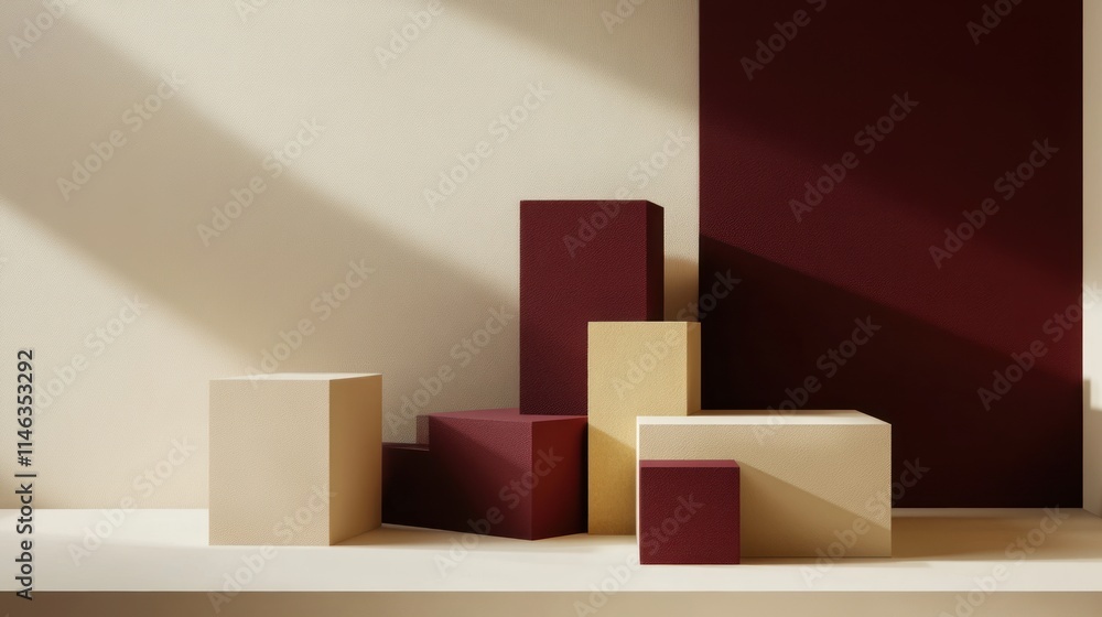 Aufkleber a minimalistic arrangement of geometric blocks in warm tones on a shelf.