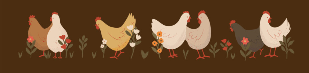 Cute Chickens Border with Floral on a Dark Background. Farm Animals Composition. Hand Drawn Vector Illustration.