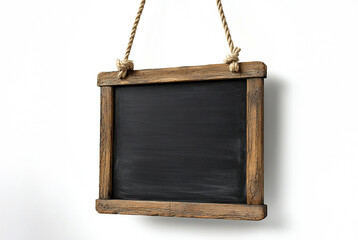 Rectangular black board in a roughly textured wooden frame.The black surface is slightly rubbed, giving a sense of use. The background of the image is pure white, which emphasises the details of the b