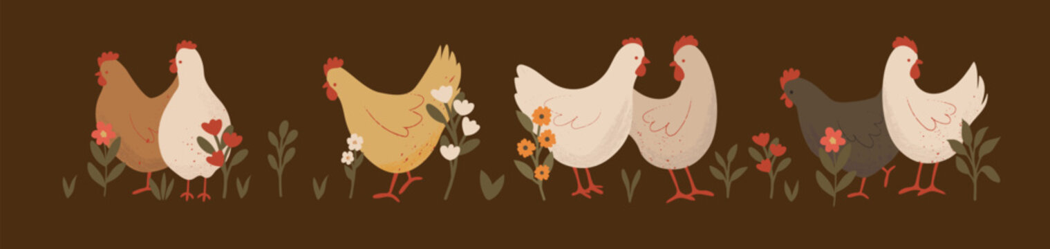 Cute Chickens Border with Floral on a Dark Background. Farm Animals Composition. Hand Drawn Vector Illustration.