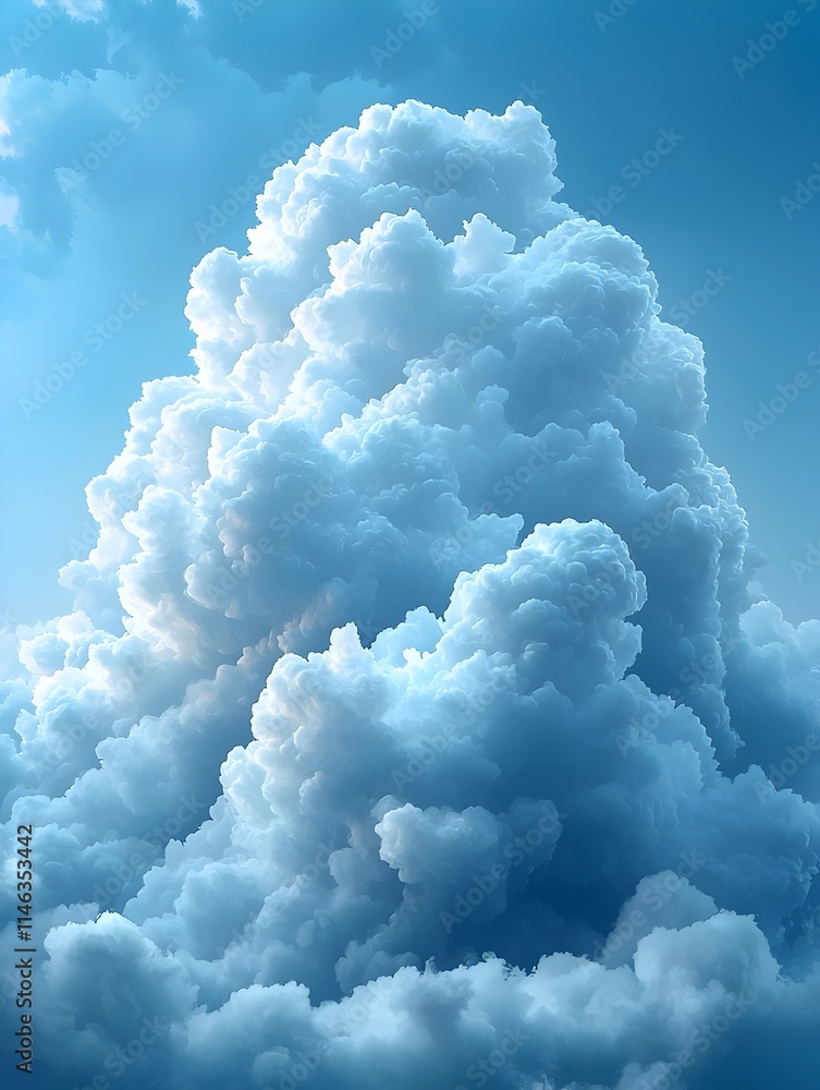 Poster a majestic cluster of fluffy white clouds illuminated by soft blue light, creating a serene and calm
