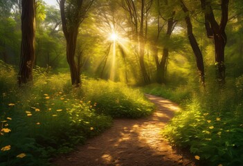 Obraz premium serene lush forest pathway bathed glowing sunlight creating tranquil natural journey, trees, nature, foliage, shade, leaves, woods, greenery, scenery