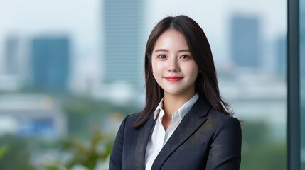 Naklejka premium Portrait of a smiling young Asian businesswoman in a formal dark suit standing in front of a blurred city office background.