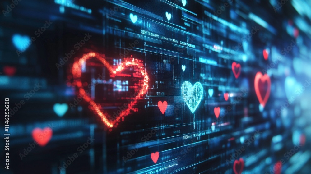 Poster abstract digital background with floating hearts and technology elements representing love, connecti