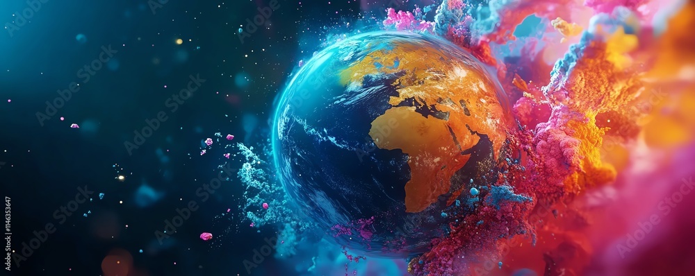 Poster planet earth with radiant paint splashes surrounding the globe, creating a surreal and colorful atmo