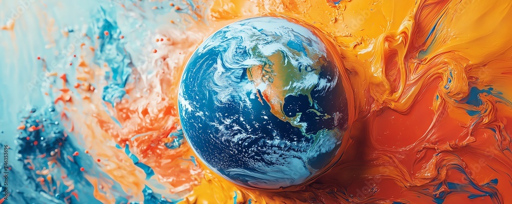 Poster planet earth with radiant paint splashes surrounding the globe, creating a surreal and colorful atmo