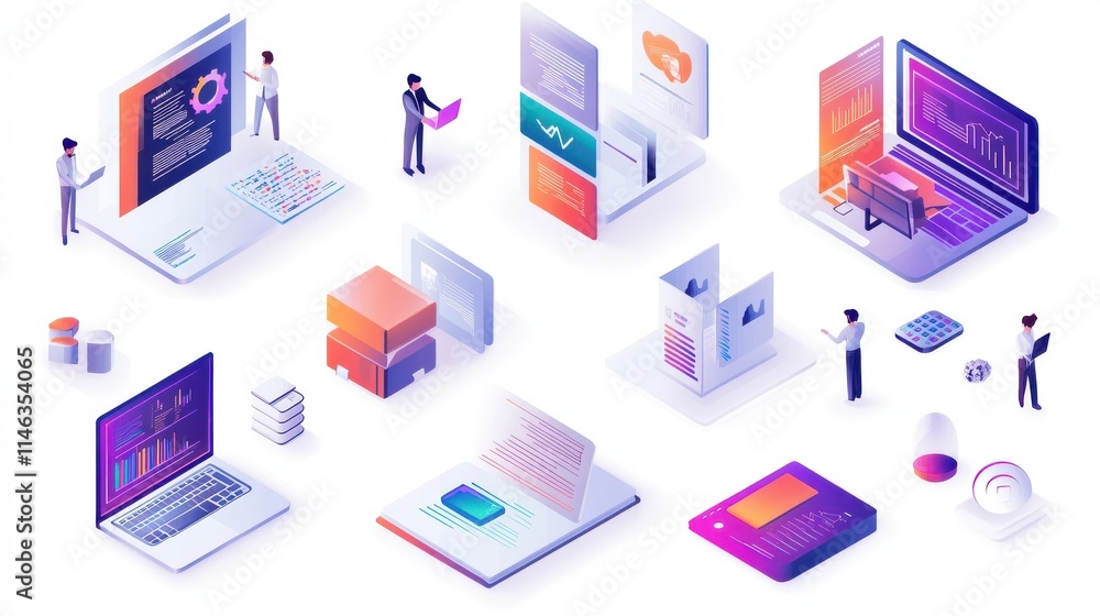 Aufkleber information collection and analysis abstract concept vector illustration set. management information