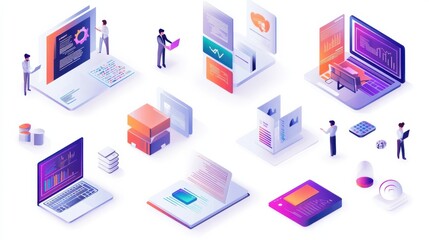 Information collection and analysis abstract concept vector illustration set. Management information system, document management soft, big data job, sharing online, visualization abstract metaphor.