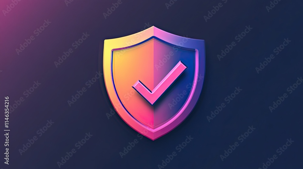 Poster glossy 3d shield icon with checkmark representing security and trust, featuring gradient colors and 