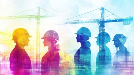 Silhouettes of engineers and construction cranes, symbolizing teamwork and progress in the construction industry.