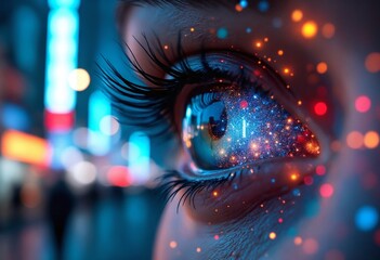 Double exposure of a person's eye and a bustling city street, cyberpunk aesthetic