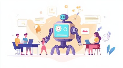 Kids programming and creating robot at class, tiny people. Engineering for kids, learn science activities, early development classes concept. Website homepage landing web page template.