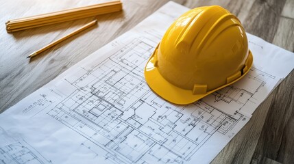 Yellow Hard Hat on Architectural Blueprint with Drafting Tools on Wood Flooring, Representing Construction Planning and Design in Engineering Projects