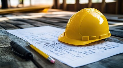 Bright yellow hard hat resting on architectural blueprints with a pencil and pen, symbolizing construction progress and project planning on a wooden surface.