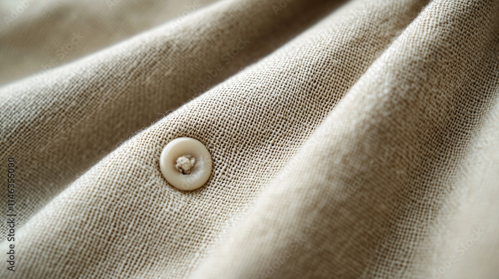 Poster beige linen fabric button showing texture detail, close up macro photography