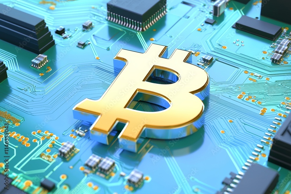 Poster the theme of bitcoin crypto mining, displaying cryptocurrencies on a tech background, emphasizing cp