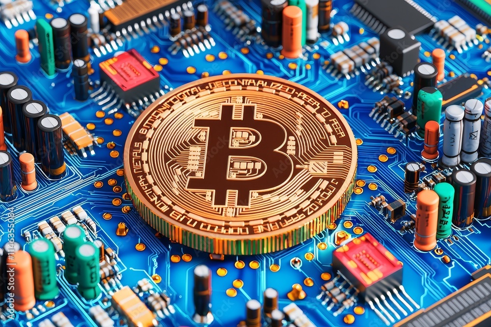 Poster bitcoin crypto mining concept, highlighting cryptocurrencies against a technology backdrop, illustra