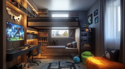 Cozy and Stylish Children's Bedroom with Bunk Bed, Gaming Setup, Bookshelves, and Colorful Decor for a Fun and Functional Living Space