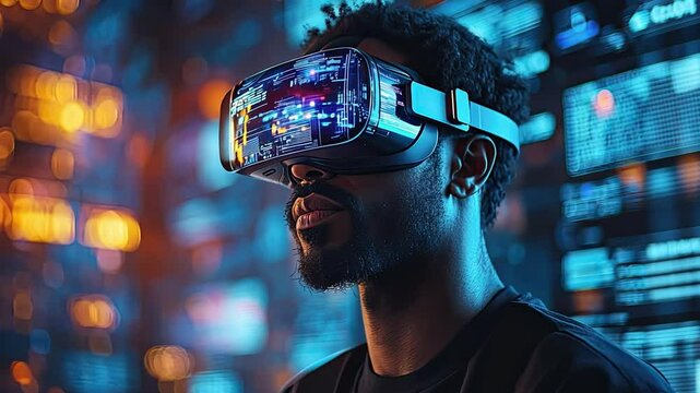 Exploring the Metaverse: A young man immersed in a virtual reality experience, surrounded by vibrant digital displays.  The image showcases the potential and excitement of emerging technologies. 