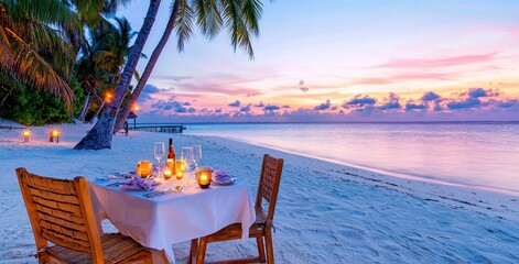 As the sun sets, the dining table and chairs on the soft sand create a breathtaking view. A romantic tropical retreat for two, complete with candles, food, and romance. This luxury dining destination
