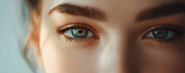 Fototapeta premium Woman showing long eyelashes and perfect eyebrows makeup