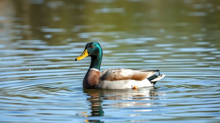 Mallard duck swimming gracefully in a tranquil pond surrounded by vibrant reflections