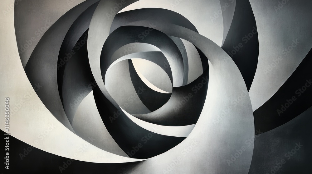 Poster a monochromatic abstract design featuring swirling shapes that create a sense of depth and movement.