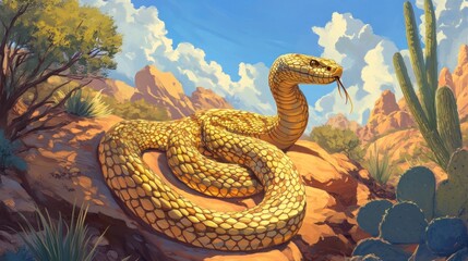 Fototapeta premium A golden desert snake basks on sun-drenched rocks amidst cacti and mountains under a bright blue sky.