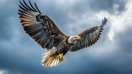 Obraz premium Majestic Bald Eagle Soaring Through a Dramatic Sky, Capturing Freedom and Power with Majesty and Grace in Nature's Splendor