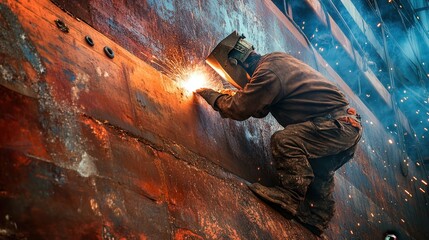 A welder is at work on a ship, welding the steel plates that form the hull,