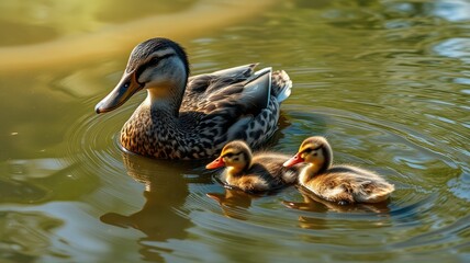Fototapeta premium Mother duck swimming with ducklings in a calm pond during a sunny afternoon in a natural setting
