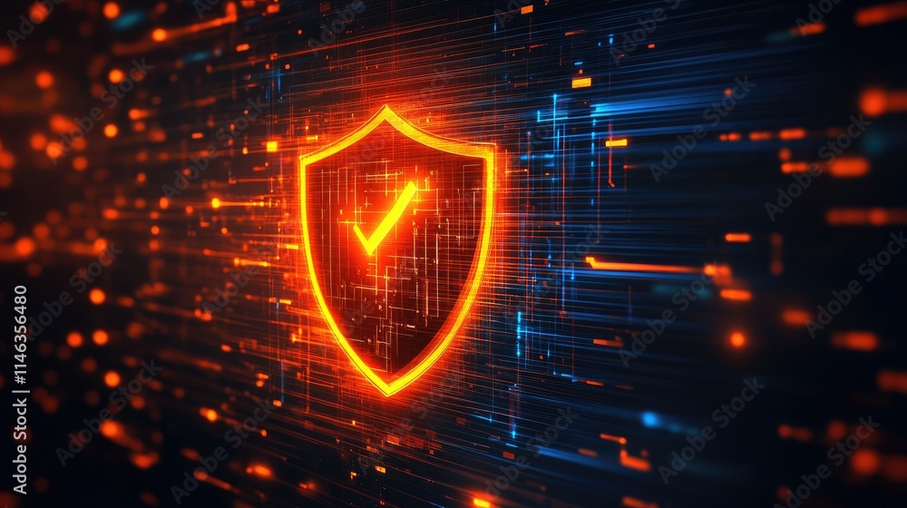 Poster digital shield symbol with check mark representing cybersecurity and protection in a futuristic envi
