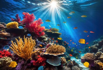 Naklejka premium captivating vibrant underwater textures featuring array colorful aquatic life that enriches seascape diversity beauty, marine, fish, coral, reef, creatures
