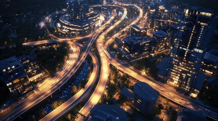 Obraz premium night cityscape highway interchange aerial view
