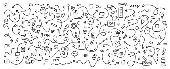 Vector business illustration of set of simple different line shape brush arrow on white background. Flat sketch hand drawn doodle style of collection of various marker abstract black shape element