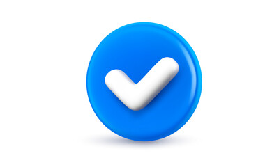 Vector realistic illustration of blue circle with tick on white background. 3d cartoon style design of checklist tick, done check mark. Business checkmark icon. Symbol of correct and right choose